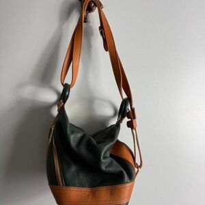Green and brown‎ leather Valentina bag. Leather bag with multiple zippers